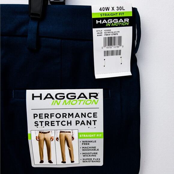 Haggar Chinos Men's 40X30 Pants Blue Stretch Straight Leg Wrinkle Free Polyester - Picture 10 of 13